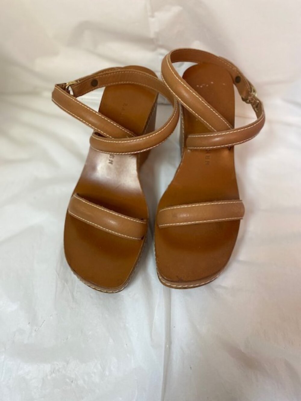 Ralph Lauren Tan Leather Ankle Strap Wedge Sandals Size 7B
